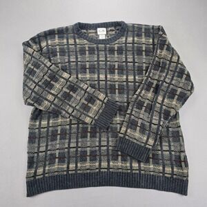 Geoffrey Beene Vintage Plaid Textured Knit Grey Sweater Mens - XL